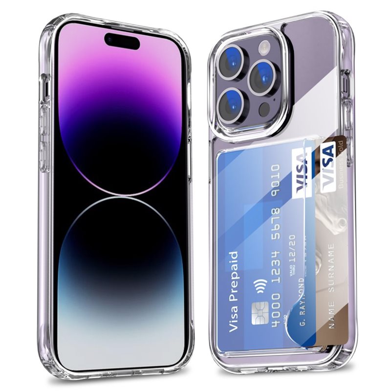 iPhone 14 Pro Hybridskal med inbyggt kortfack, Genomskinlig - Skal kortförvaring genomskinligt