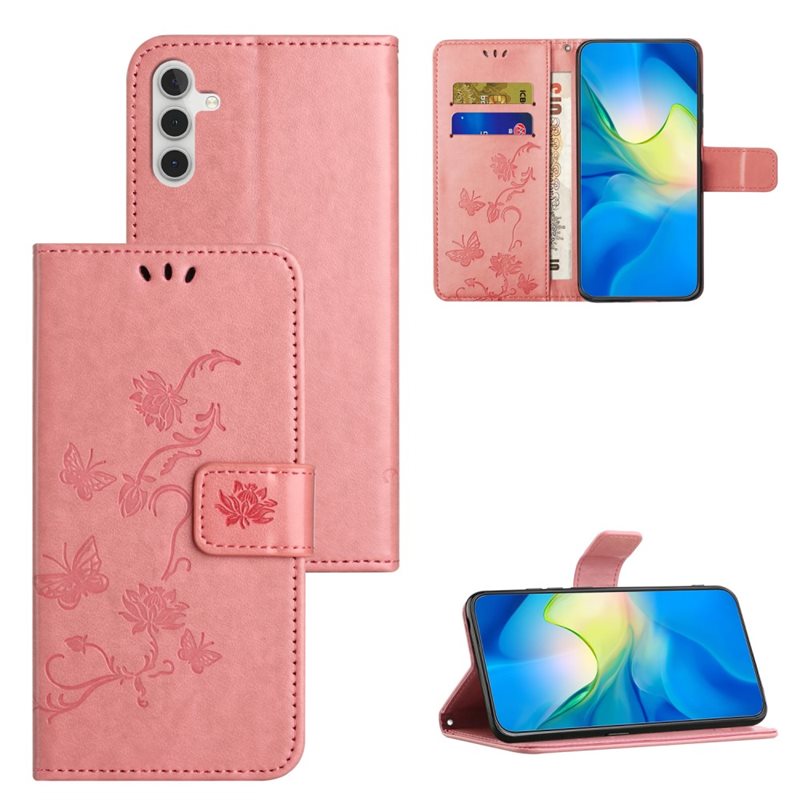 Samsung Galaxy S23 FE Mobilfodral med fjärilar, Rosa - Fint plånboksfodral med mönster
