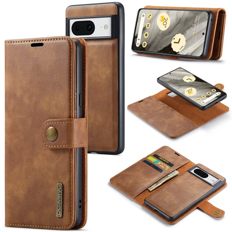 DG.MING Google Pixel 8 Plånboksfodral med avtagbart skal, Cognac - Stilrent läderfodral med avtagbart magnetiskt skal