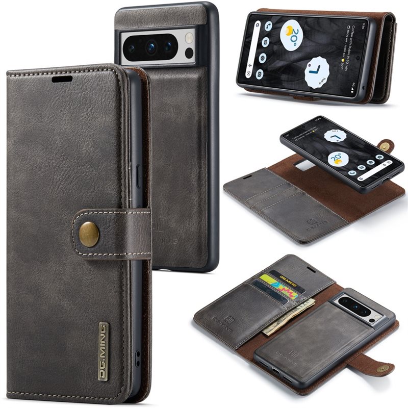 DG.MING Google Pixel 8 Pro Plånboksfodral med avtagbart skal, Brown - Stilrent läderfodral med avtagbart magnetiskt skal