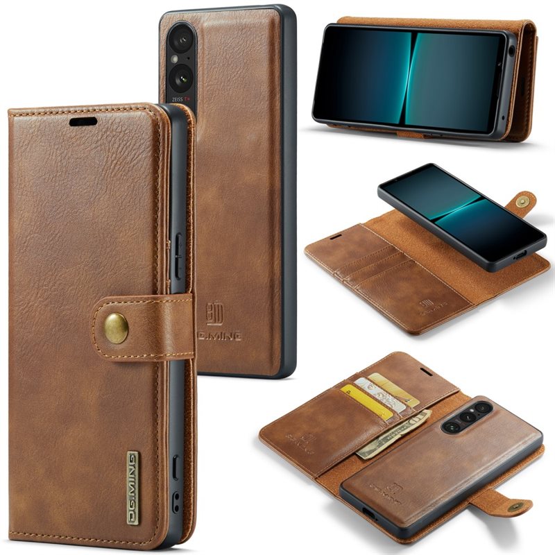 DG.MING Sony Xperia 1 V Plånboksfodral med avtagbart skal, Cognac - Stilrent läderfodral med avtagbart magnetiskt skal
