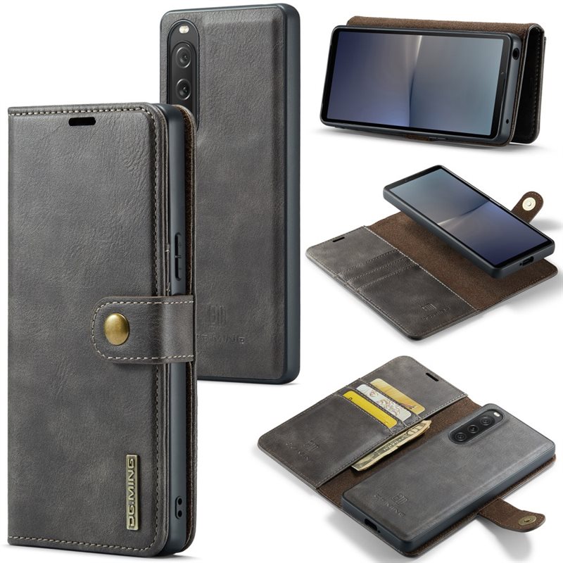 DG.MING Sony Xperia 10 V Plånboksfodral med avtagbart skal, Brown - Stilrent läderfodral med avtagbart magnetiskt skal