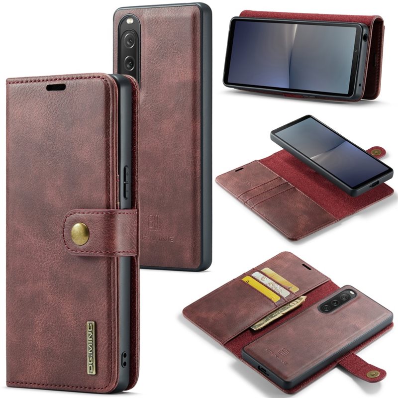 DG.MING Sony Xperia 10 V Plånboksfodral med avtagbart skal, Red - Stilrent läderfodral med avtagbart magnetiskt skal