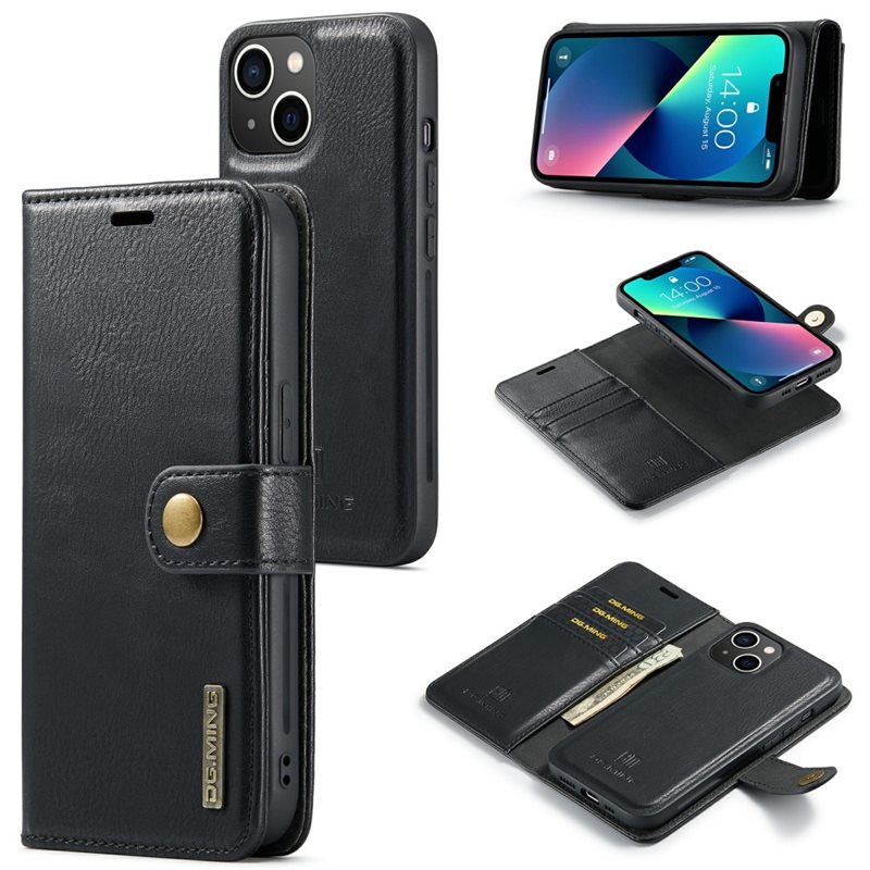 DG.MING iPhone 15 Plus Plånboksfodral med avtagbart skal, Black - Stilrent läderfodral med avtagbart magnetiskt skal