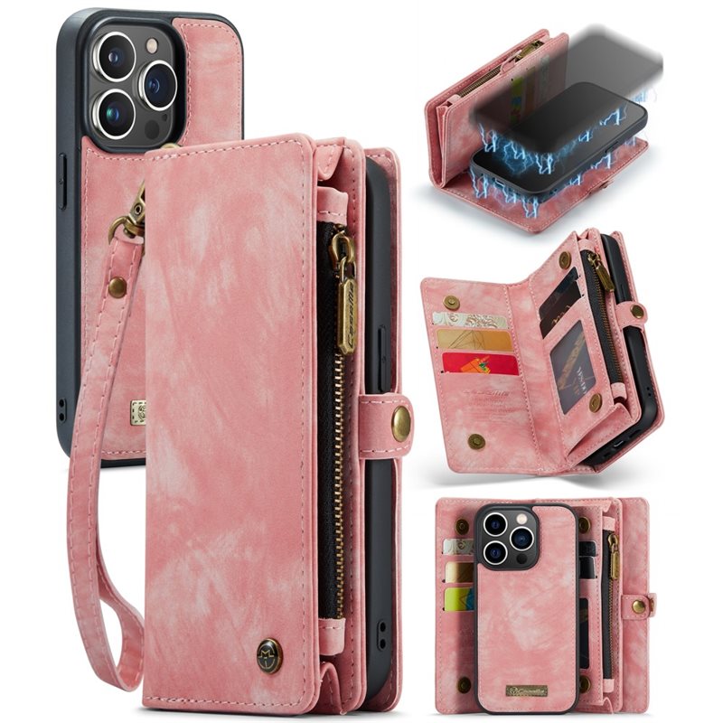 CaseMe iPhone 15 Pro Max Rymligt plånboksfodral med många kortfack, Rosa - Mobilfodral med extra många kortplatser - Korthållare