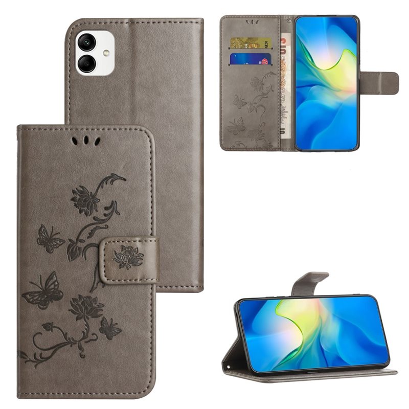 Motorola Moto G14 Mobilfodral med fjärilar, Grå - Fint plånboksfodral med mönster