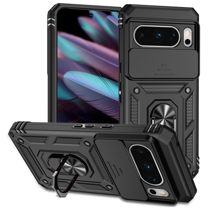 Google Pixel 8 Pro Skal med kameraskydd & fingerring, Svart - Coolt skal greppring kameralucka