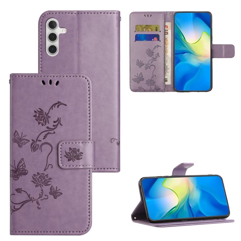 Samsung Galaxy A35 Mobilfodral med fjärilar, Lila - Fint plånboksfodral med mönster