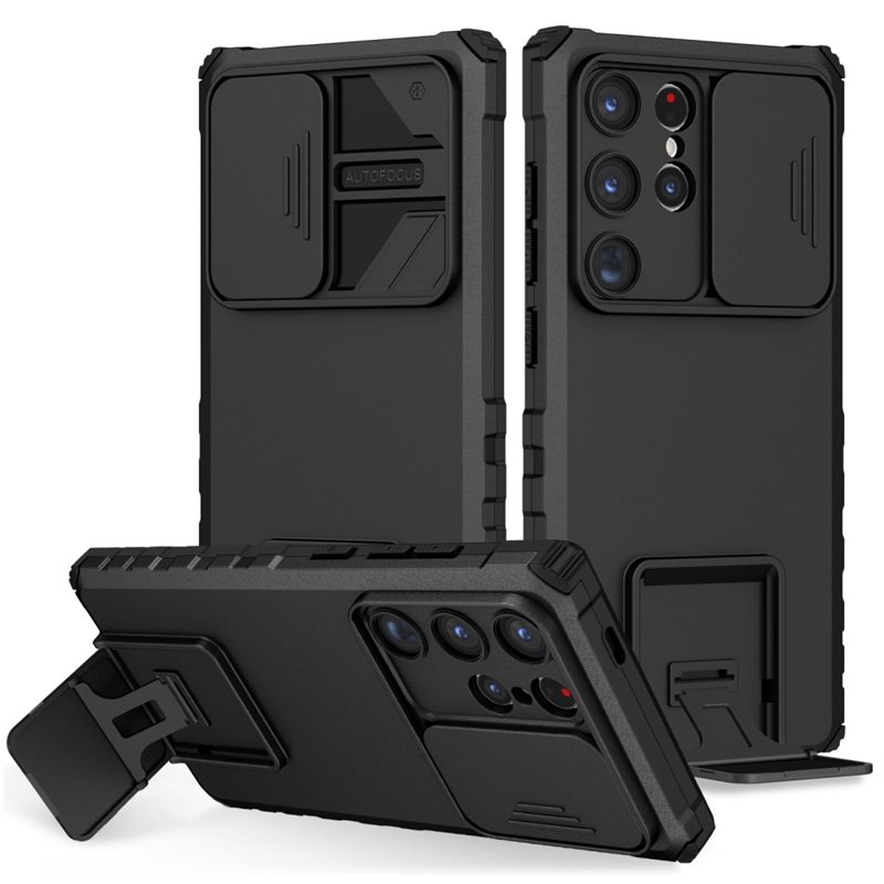 Samsung Galaxy S24 Ultra Skal med Kickstand & Kameraskydd, Svart - Kameralucka utfällbart stöd