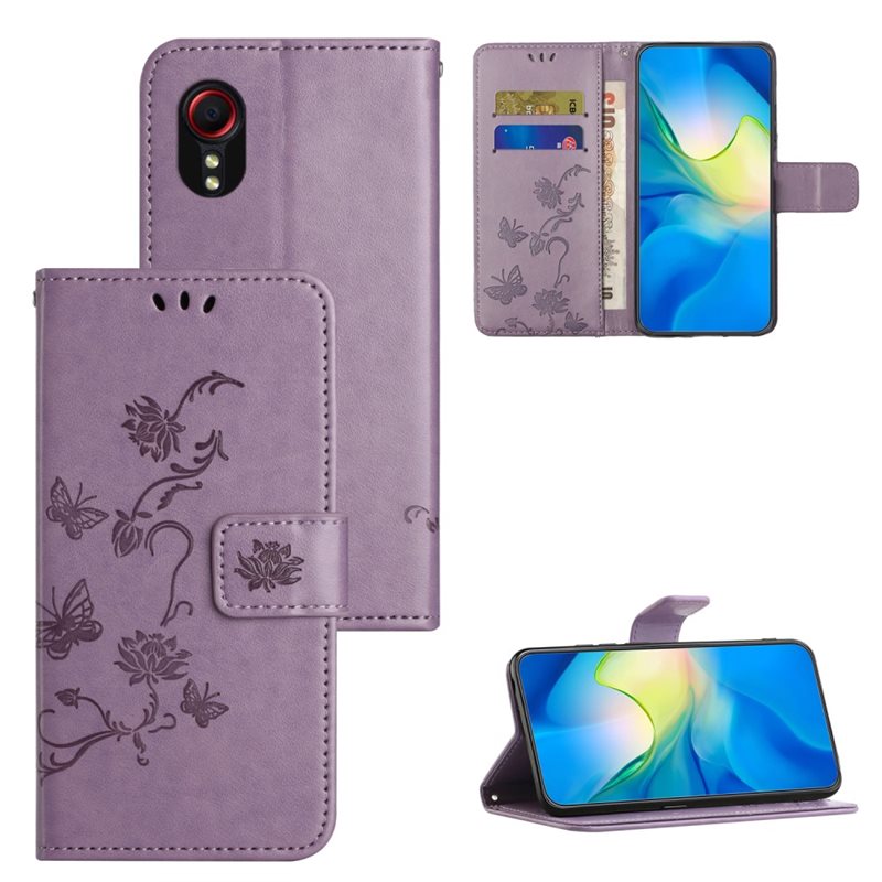 Samsung Galaxy Xcover 7 Mobilfodral med fjärilar, Lila - Fint plånboksfodral med mönster