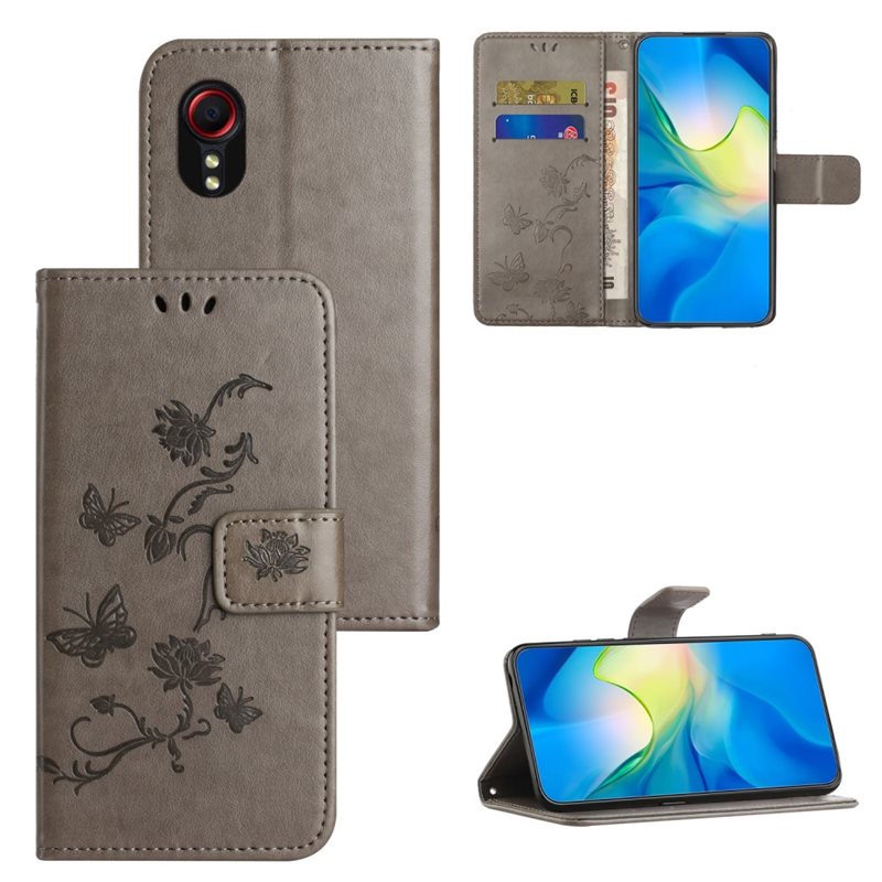 Samsung Galaxy Xcover 7 Mobilfodral med fjärilar, Grå - Fint plånboksfodral med mönster