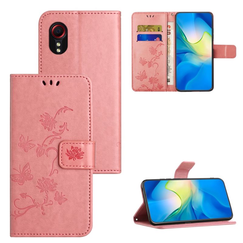 Samsung Galaxy Xcover 7 Mobilfodral med fjärilar, Rosa - Fint plånboksfodral med mönster