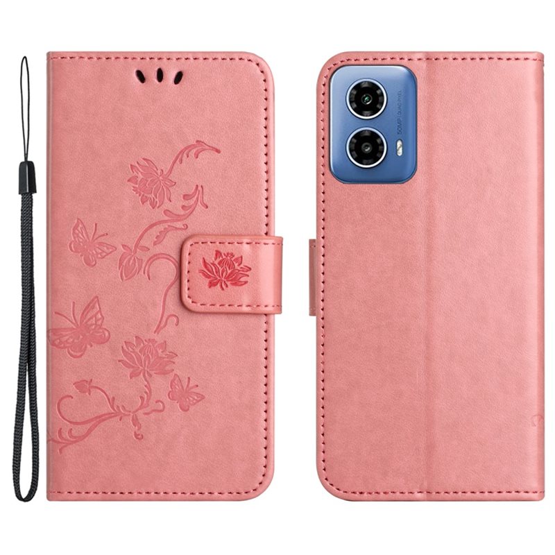 Motorola Moto G24 Mobilfodral med fjärilar, Rosa - Fint plånboksfodral med mönster