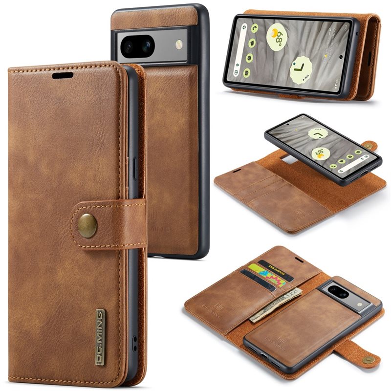 DG.MING Google Pixel 8a Plånboksfodral med avtagbart skal, Cognac - Stilrent läderfodral med avtagbart magnetiskt skal