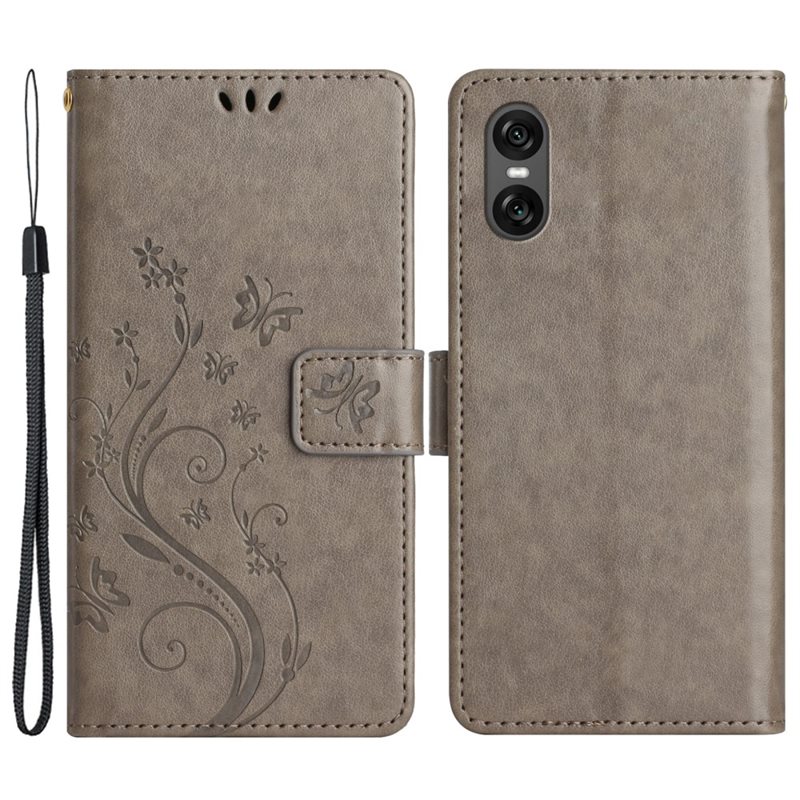 Sony Xperia 10 VI Mobilfodral med fjärilar, Grå - Fint plånboksfodral med mönster