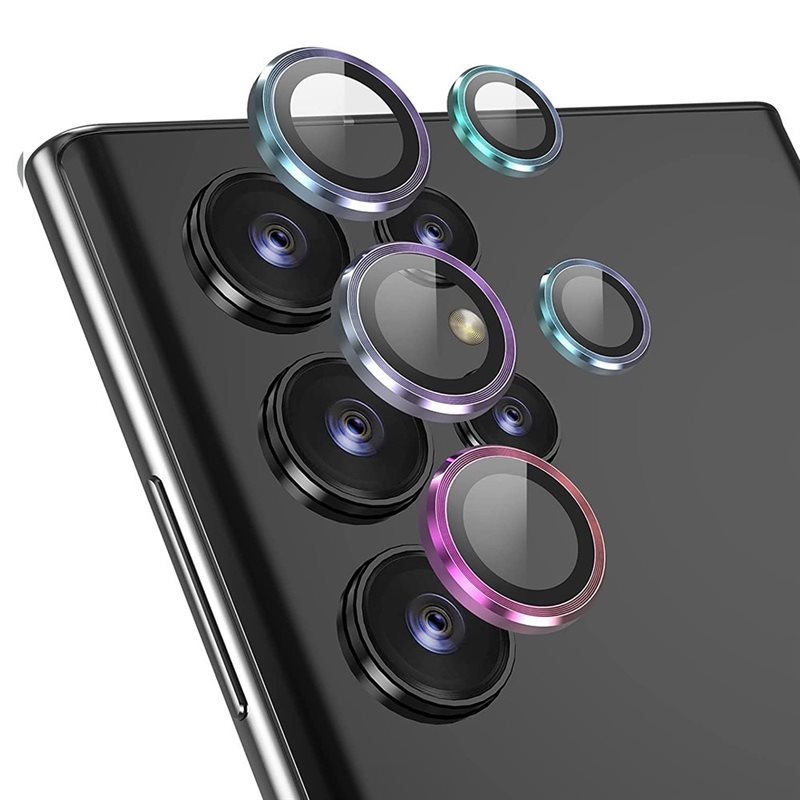 Hat Prince Samsung Galaxy S23 Ultra Linsskydd i glas & aluminium, regnbåge - Tunna färgglada linsskydd som passar med skal