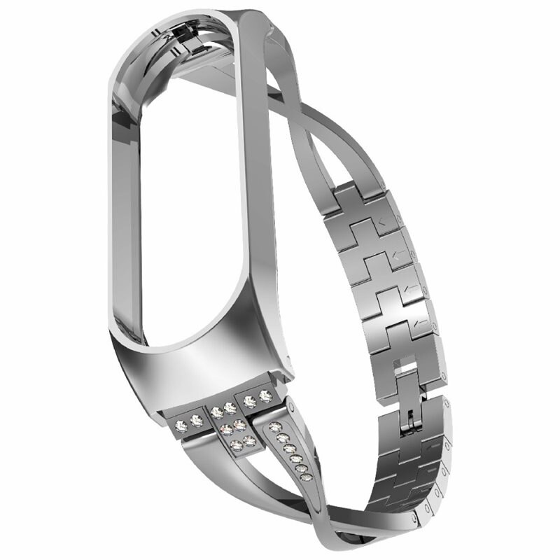 Xiaomi Mi Band 5/6 Smalt länkarmband med glittrande stenar, silver - Fint armband med glittrande stenar i snygg design