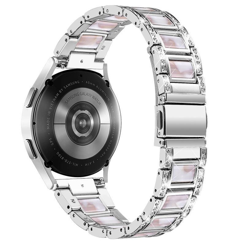 Samsung Galaxy Watch 4 Classic 46mm Armband i metall med fina stenar, Silver Pearl - Lyxigt metallarmband av rostfritt stål med diamantliknande stenar