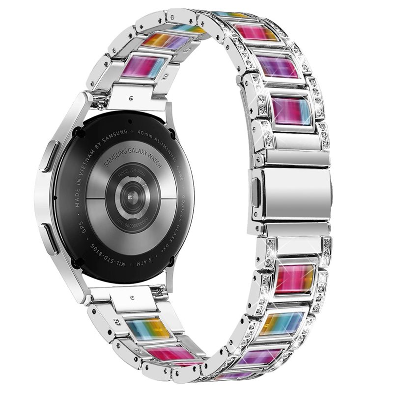 Samsung Galaxy Watch 5 Pro 45mm Armband i metall med fina stenar, Silver Rainbow - Lyxigt metallarmband av rostfritt stål med diamantliknande stenar