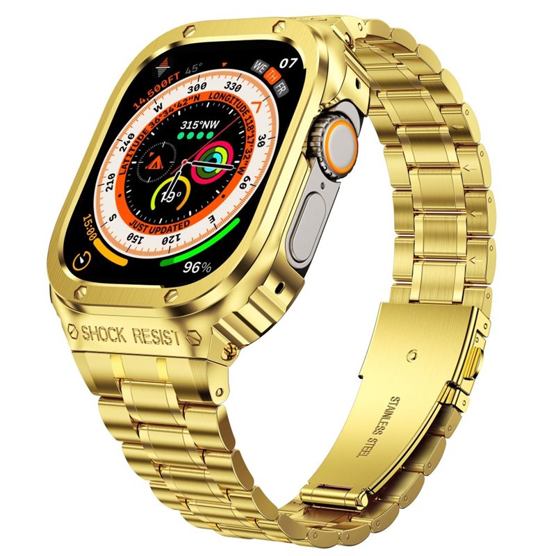 Apple Watch 45mm Series 9 Robust armband med inbyggt skal Full Metal, guld - Armband i metall med inbyggt skal