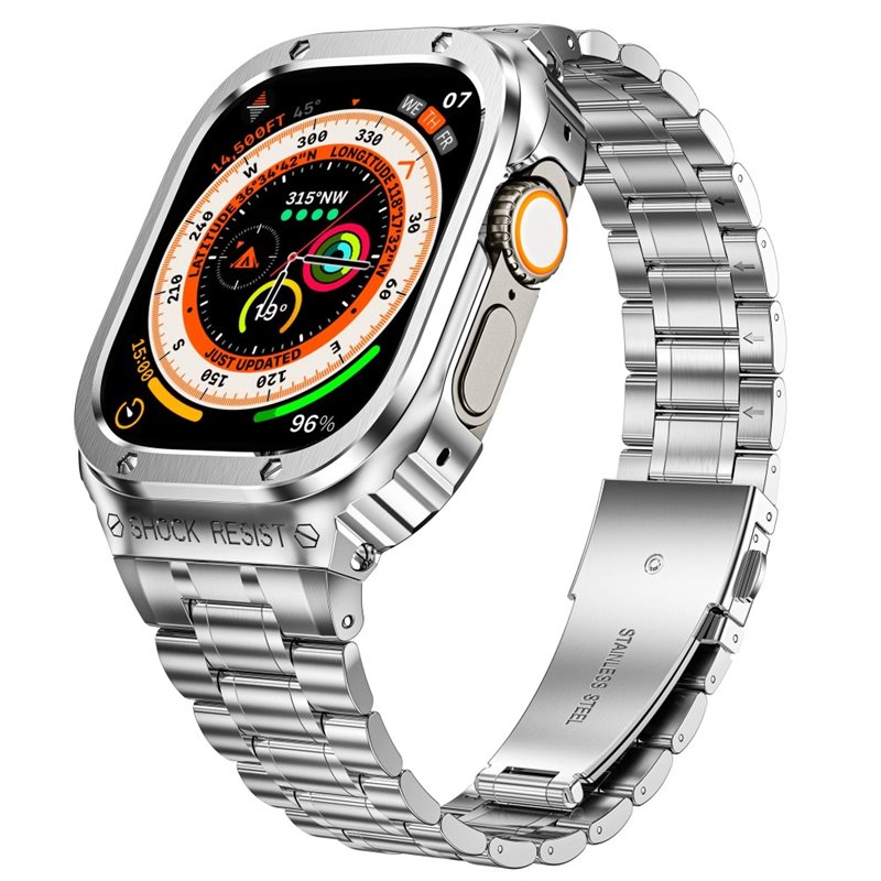 Apple Watch 45mm Series 9 Robust armband med inbyggt skal Full Metal, silver - Armband i metall med inbyggt skal