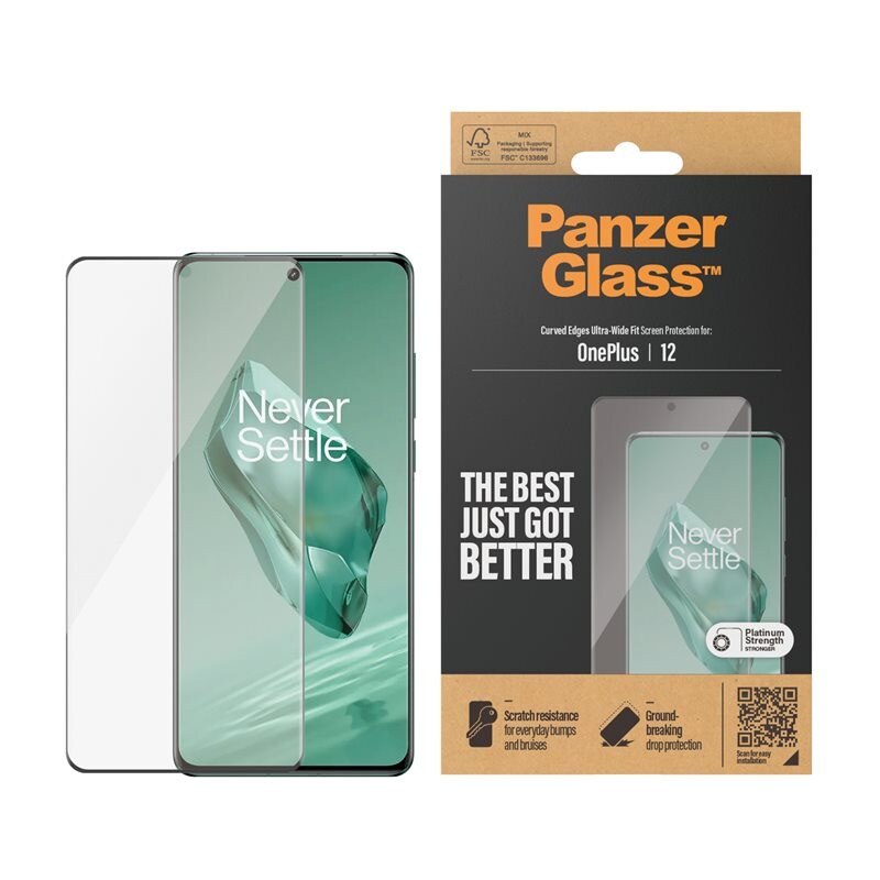 PanzerGlass OnePlus 12 Skärmskydd i reptåligt härdat glas - Ultra Wide Fit - Skärmskydd med oslagbar kvalitet. Bästa skyddet för skärmen