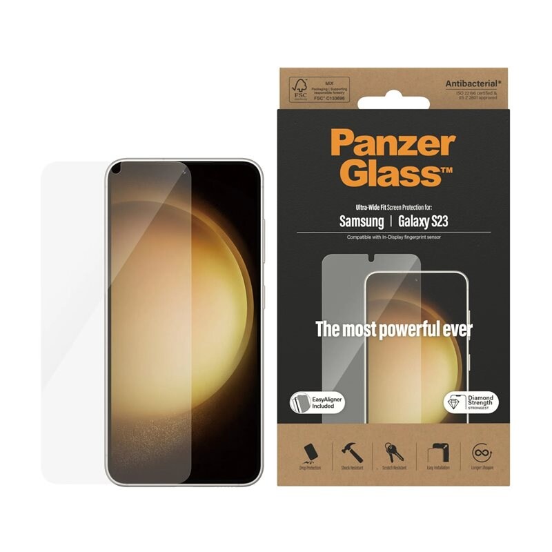 PanzerGlass Samsung Galaxy S23 Skärmskydd med installationsram - Ultra Wide Fit - Skärmskydd med oslagbar kvalitet. Med installationsram