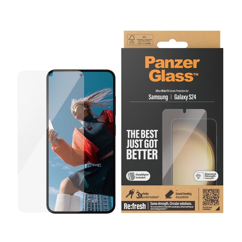 PanzerGlass Samsung Galaxy S24 Skärmskydd med installationsram - Ultra Wide Fit - Skärmskydd med oslagbar kvalitet. Med installationsram