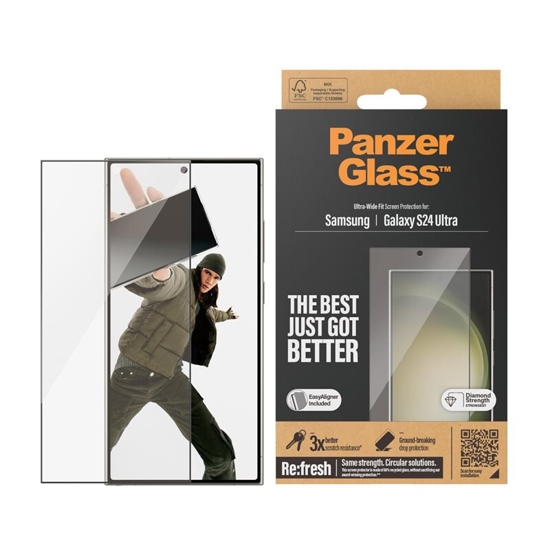 PanzerGlass Samsung Galaxy S24 Ultra Skärmskydd med installationsram - Ultra Wide Fit - Skärmskydd med oslagbar kvalitet. Med installationsram