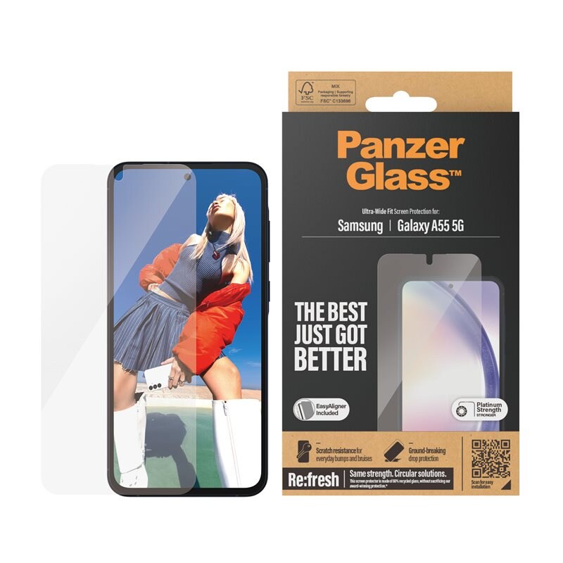 PanzerGlass Samsung Galaxy A55 Skärmskydd med installationsram - Ultra Wide Fit - Skärmskydd med oslagbar kvalitet. Med installationsram