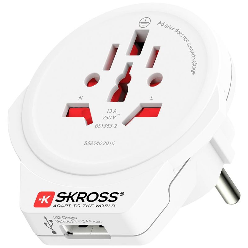 SKROSS Reseadapter Världen till Europa med USB-A-port