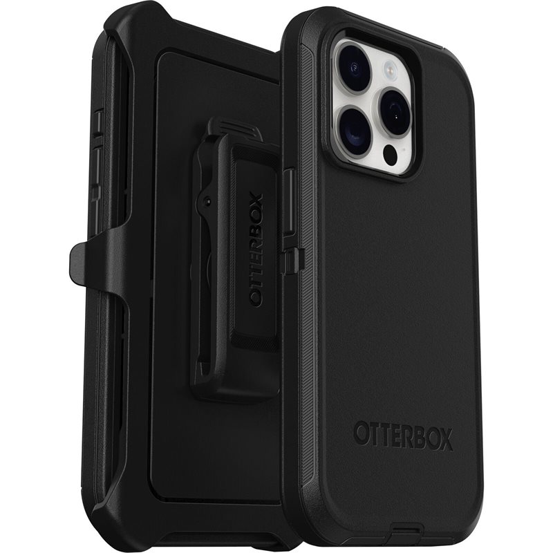 Otterbox iPhone 15 Pro Defender - Robust mobilskal med hög skyddsfaktor, svart - Skal med extremt stötskydd. Hölster med bältesklämma ingår