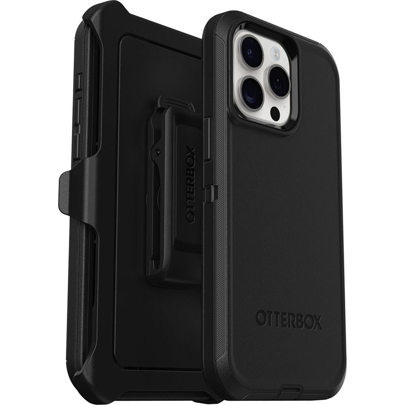 Otterbox iPhone 15 Pro Max Defender - Robust mobilskal med hög skyddsfaktor, svart - Skal med extremt stötskydd. Hölster med bältesklämma ingår
