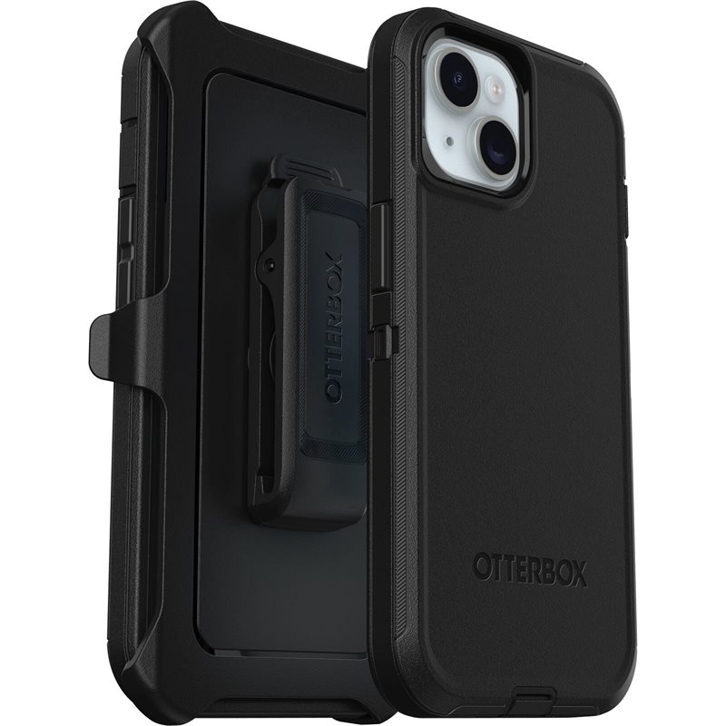 Otterbox iPhone 15 Defender - Robust mobilskal med hög skyddsfaktor, svart - Skal med extremt stötskydd. Hölster med bältesklämma ingår