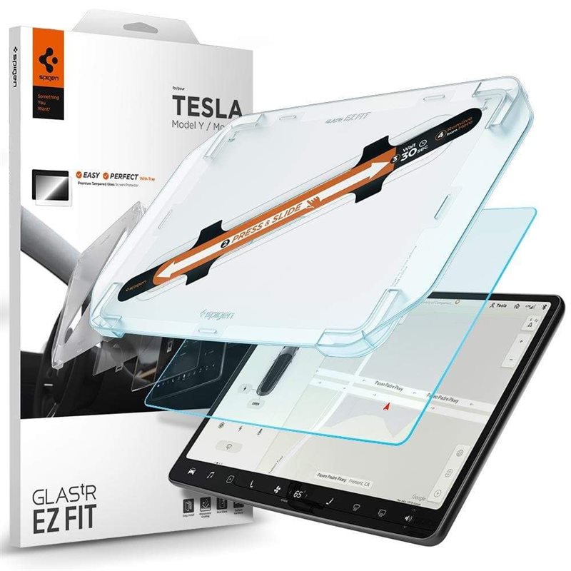 Spigen Tesla Model Y/3 Skärmskydd GLAS.tR EZ Fit Anti-Glare - Skärmskydd i härdat glas med installationsram