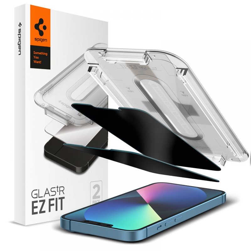 Spigen iPhone 13 Privacy Skärmskydd med installationsram (2-pack) GLAS.tR EZ Fit - Skärmskydd i härdat glas med monteringsram