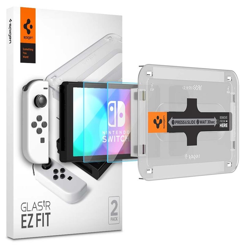 Spigen Nintendo Switch OLED Screen Protector GLAS.tR EZ Fit (2-pack) - Skärmskydd i härdat glas med installationsram