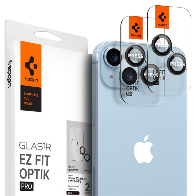 Spigen iPhone 14 EZ Fit Linsskydd (2-pack), svart - Kameraskydd - Linsskydd - Med monteringsram för enkel installation