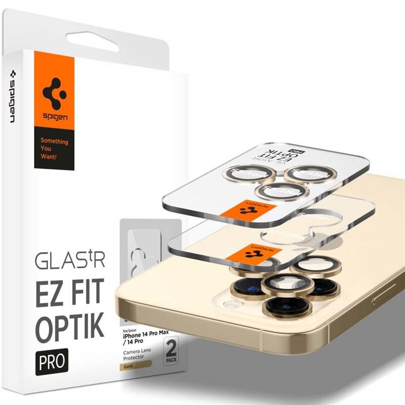 Spigen iPhone 14 Pro EZ Fit Linsskydd (2-pack), guld - Kameraskydd - Linsskydd - Med monteringsram för enkel installation