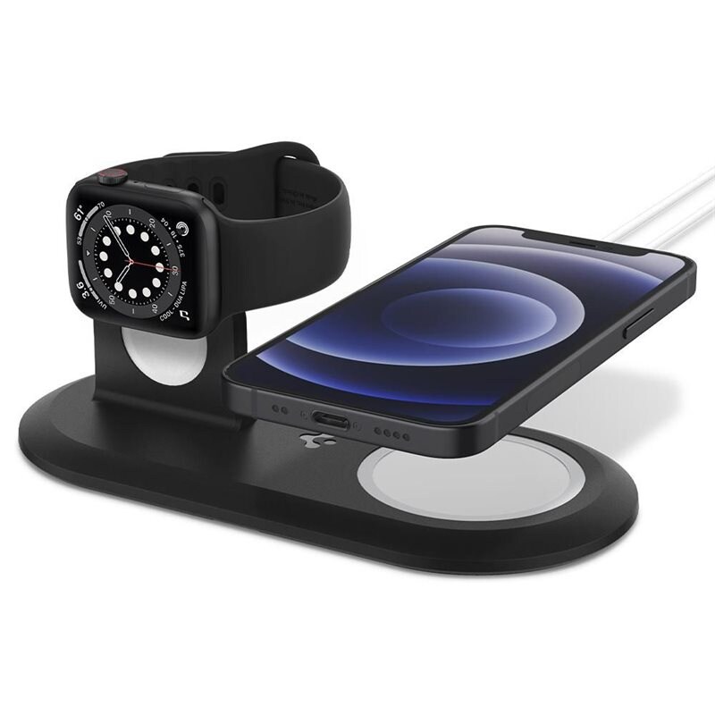 Spigen MagFit Charge Stand Duo, Black - Laddstation med MagSafe för iPhone och Apple Watch