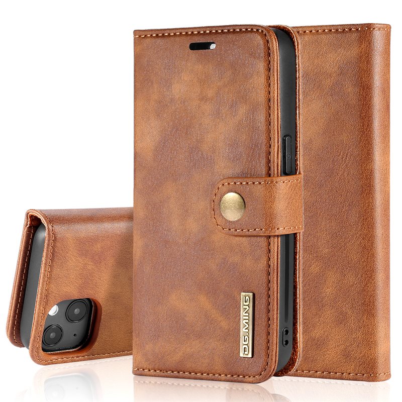DG.MING iPhone 14 Plånboksfodral med avtagbart skal, Cognac - Stilrent läderfodral med avtagbart magnetiskt skal