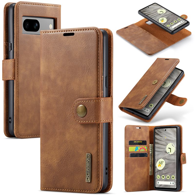 DG.MING Google Pixel 7a Plånboksfodral med avtagbart skal, Cognac - Stilrent läderfodral med avtagbart magnetiskt skal