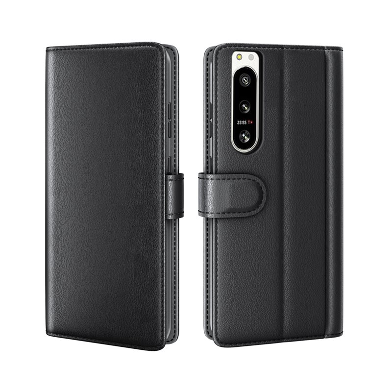 Sony Xperia 5 IV Plånboksfodral i Äkta Läder, Svart - Stilrent plånboksfodral med plats för sedlar och kort