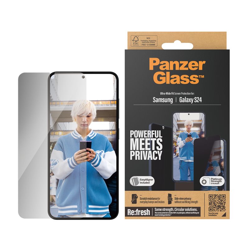 PanzerGlass Samsung Galaxy S24 Privacy skärmskydd med installationsram - Ultra Wide Fit - Skärmskydd med sekretessfilter - Skydda din integritet