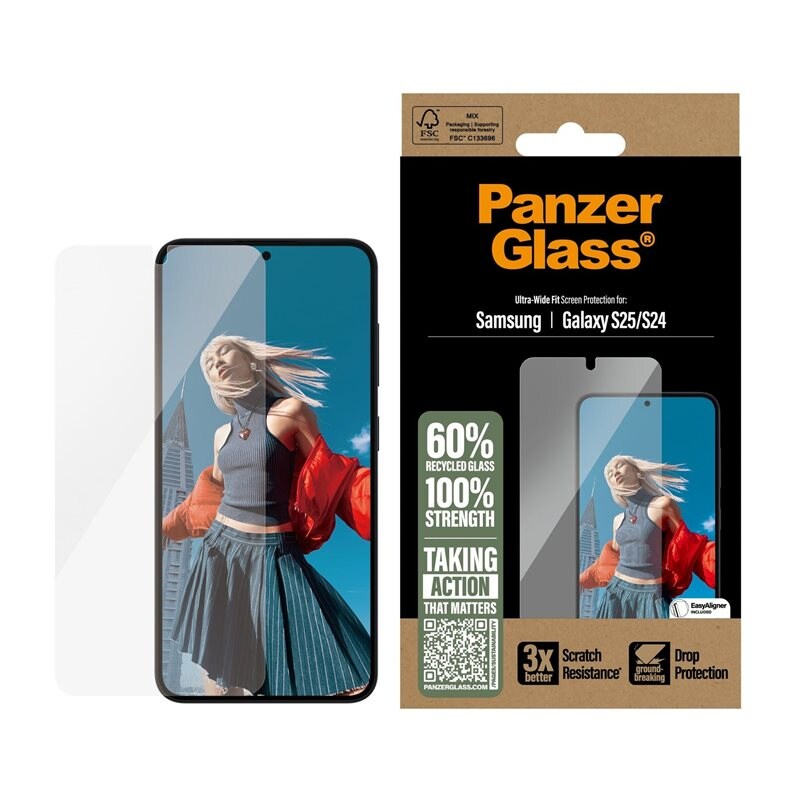 PanzerGlass Samsung Galaxy S25 Skärmskydd med installationsram - Ultra Wide Fit - Skärmskydd med oslagbar kvalitet. Med installationsram