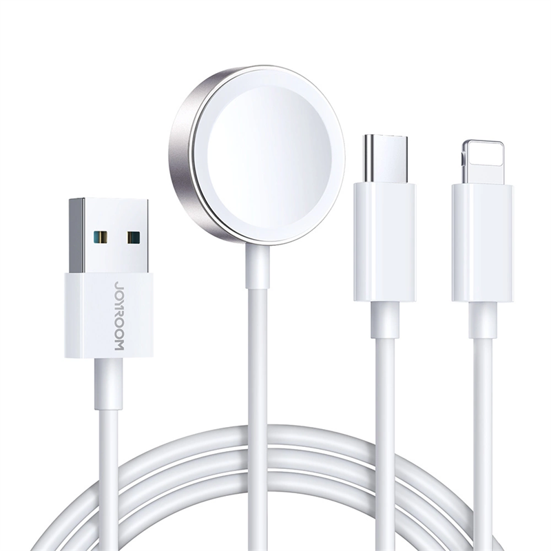 Joyroom 3-in-1 Laddningskabel - USB-A till USB-C/Lightning & Apple Watch Laddare, vit