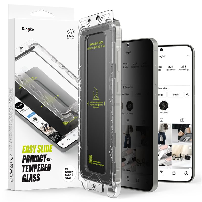 Ringke Samsung Galaxy S25 Plus Anti-spy Skärmskydd i glas med monteringsram (2-pack)
