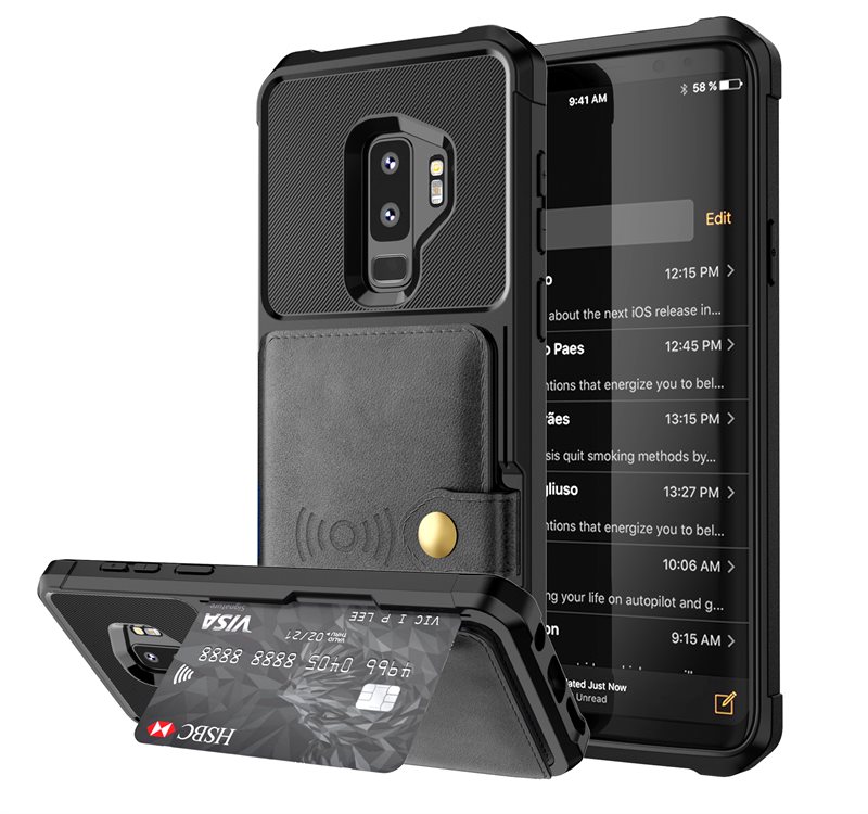 Samsung Galaxy S9 Plus Stöttåligt Mobilskal med Plånbok, Svart - Mobilskal med praktisk plånboksfunktion - Sedelficka - Korthållare
