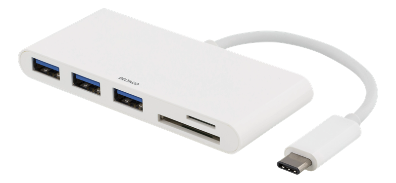 Deltaco USB-C Hubb med 3x USB-A portar och SD/microSD-läsare, svart