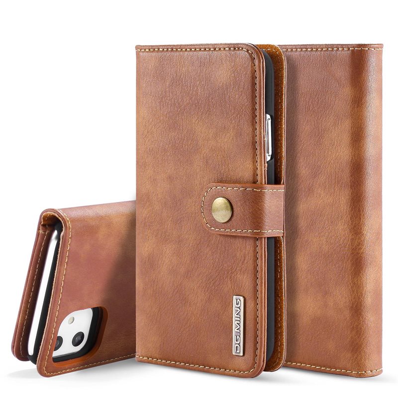 DG.MING iPhone 11 Plånboksfodral med avtagbart skal, Cognac - Stilrent läderfodral med avtagbart magnetiskt skal